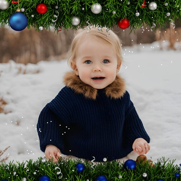 HOPE & HENRY COUTURE BABY NAVY FUR-TRIMMED SWEATER CAPE PONCHO 18-24M - Picture 1 of 7